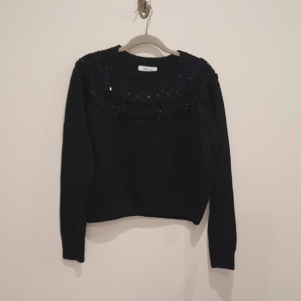 John + Jenn Beaded Neck Elegant Black Knit Sweater Size Large